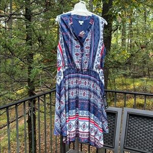 NWT Avenue Navy and Red Patterned sleeveless Dress with elastic waist sz. 14/16